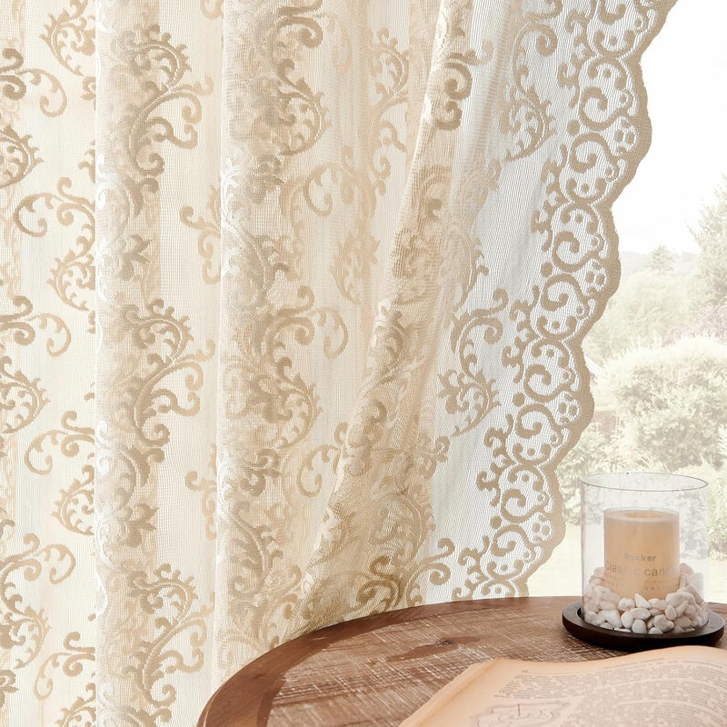 FOLKSIDE Beige Lace Vintage Paisley Floral Curtains - 54 Inch Length, 2 Panels, Rod Pocket, Light Filtering, Sheer, Neutral Drapes for Living Room & Bedroom, 52x54 - Image 1